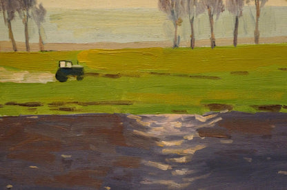 Oil painting of dark green tractor in yellow-green field by Nikolay Chernikov