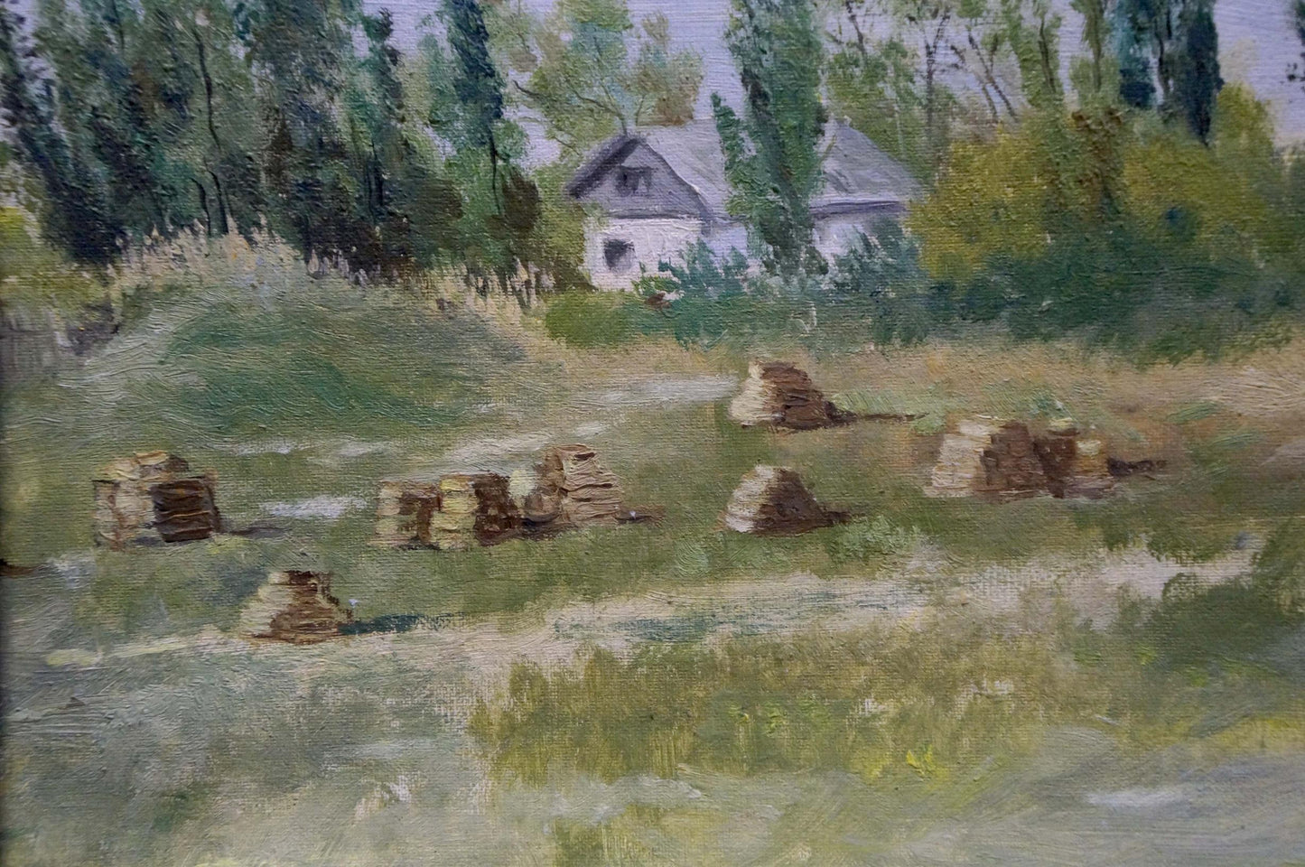 A rustic white house with a dark roof nestled among green trees and bushes.