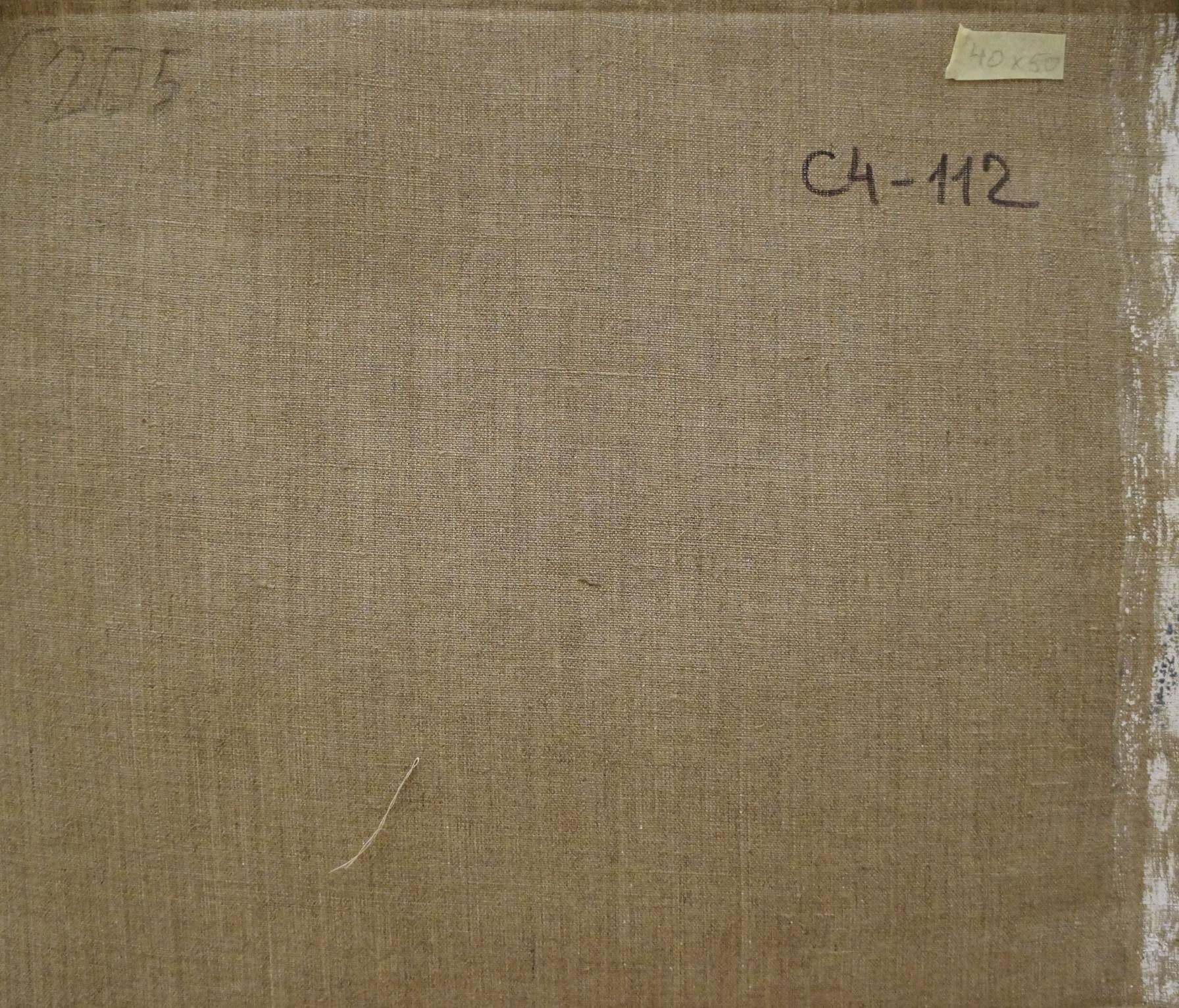 Back of Nikolay Chernikov oil painting on beige textured linen canvas