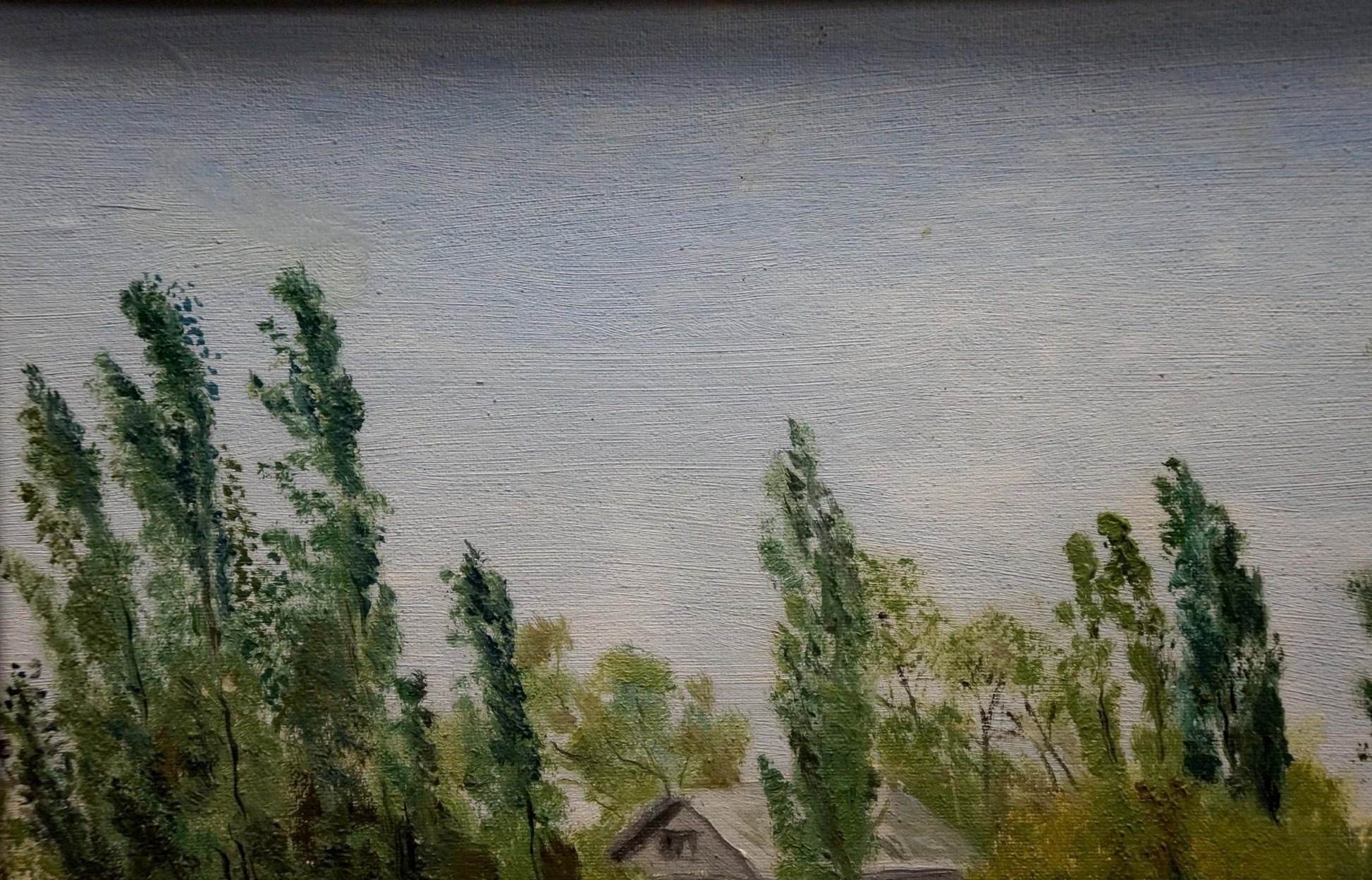 Oil painting At the house on the outskirts: green trees, gray sky, small house