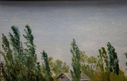 Oil painting At the house on the outskirts: green trees, gray sky, small house