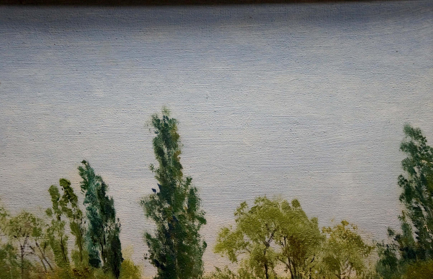 Oil painting At the house on the outskirts: serene green trees under gray sky