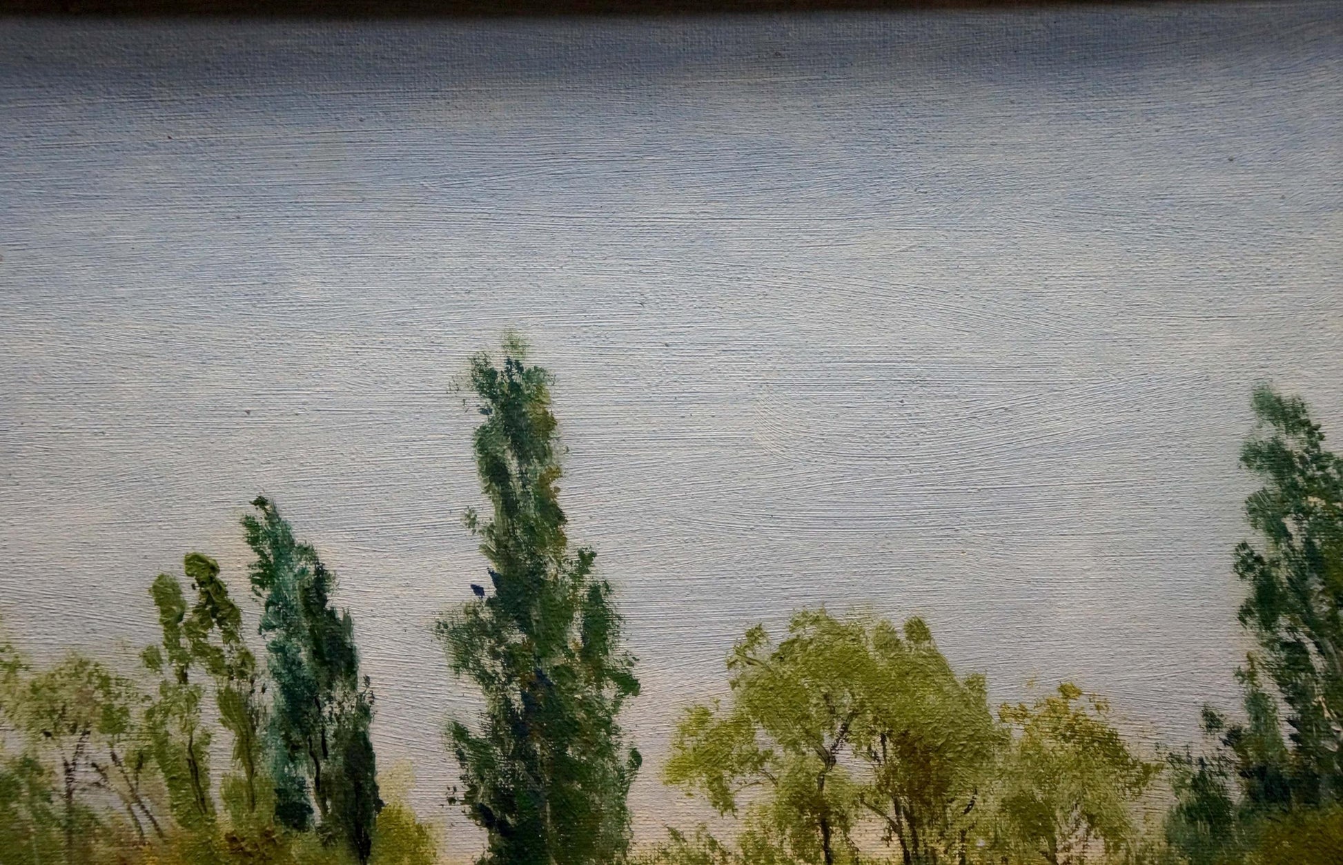 Oil painting At the house on the outskirts: serene green trees under gray sky