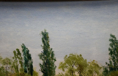 Oil painting At the house on the outskirts: serene green trees under gray sky