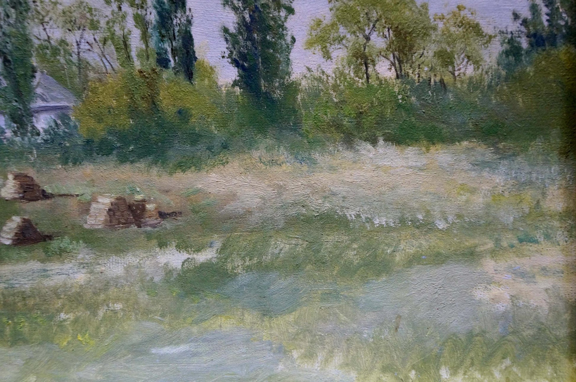 Oil painting At the house on the outskirts: soft-focus pastoral landscape