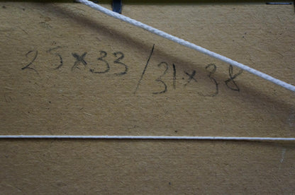 Back of Oil painting At the house on the outskirts with handwritten measurements on brown cardboard