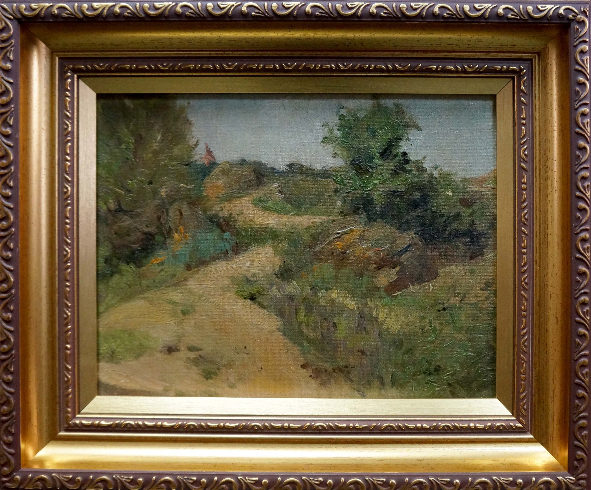 Antique gold-leaf framed oil painting Returning from the forest, winding path in lush greenery