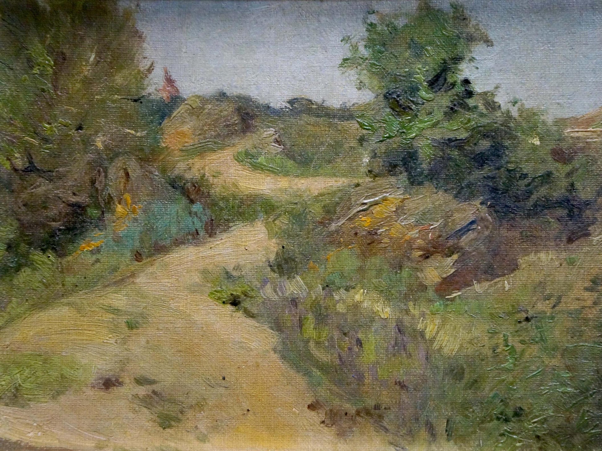 Oil painting Returning from the forest: winding path through lush foliage