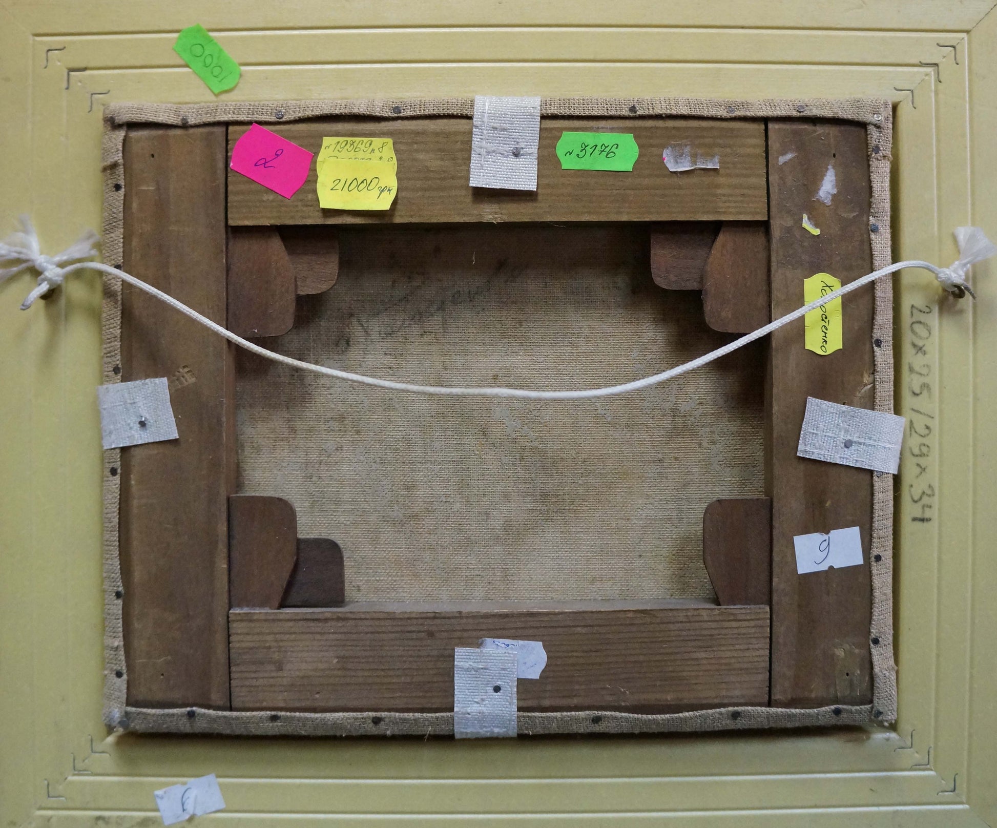 Back of Oil painting Returning from the forest on wooden stretcher frame with burlap and notes