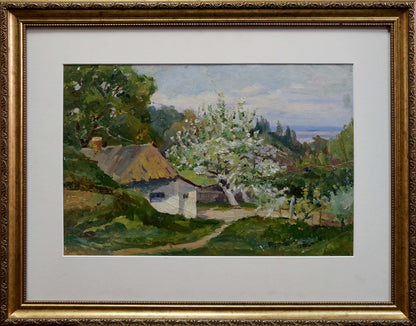 Oil painting In the village: rustic cottage among blooming trees in gold frame