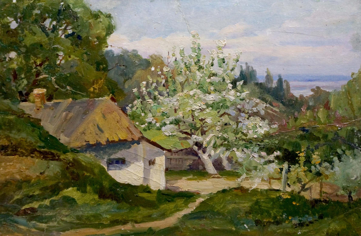 Oil painting In the village: rustic white thatched cottage amid green trees and flowers