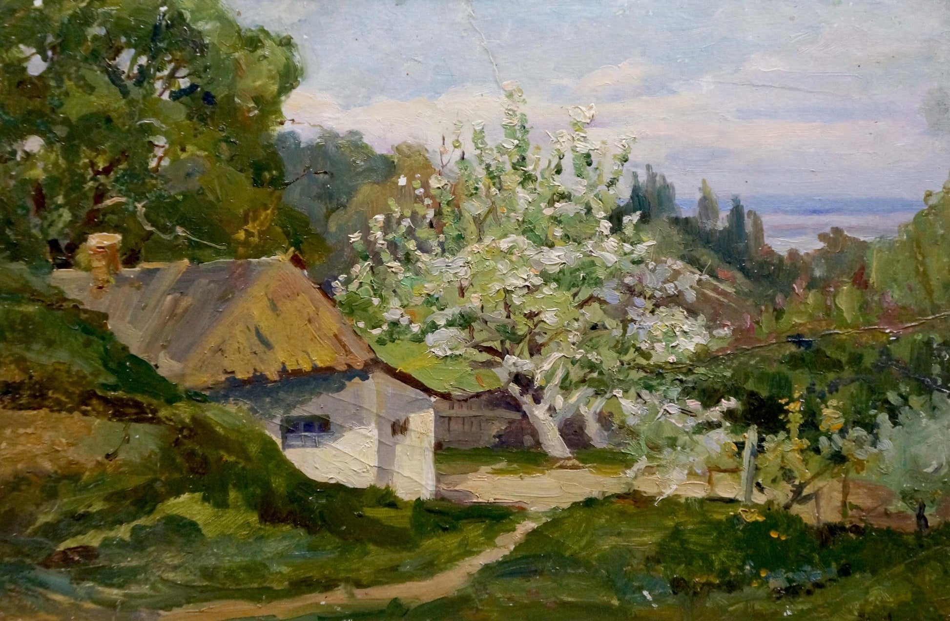 Oil painting In the village: rustic white thatched cottage amid green trees and flowers