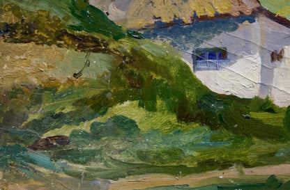 Oil painting In the village: white cottage with blue window in green hills