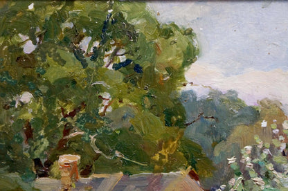 Impressionistic oil painting of lush green village tree against soft sky