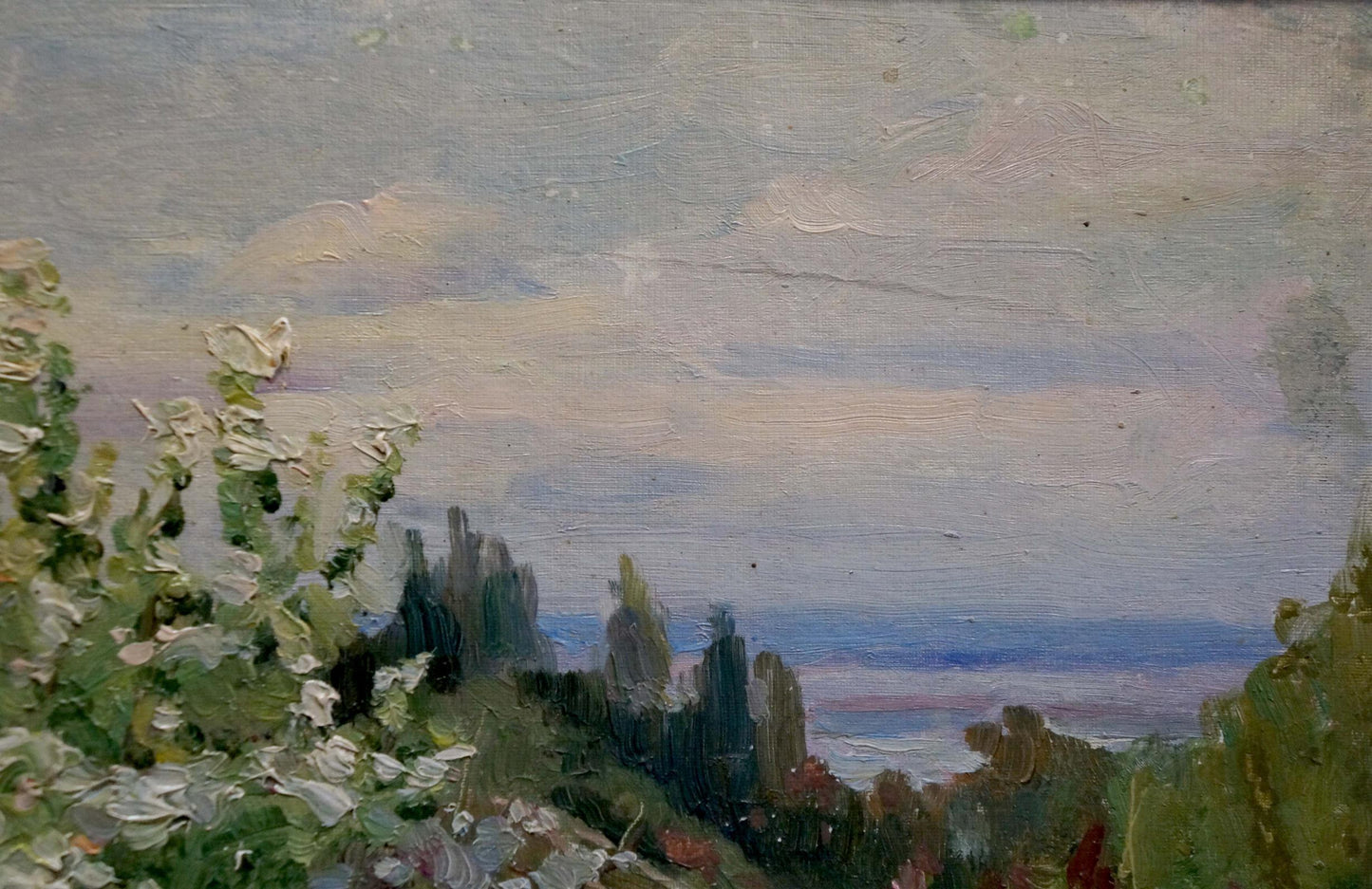 Oil painting In the village: impressionistic landscape with pastel clouds, lush green foliage, distant trees