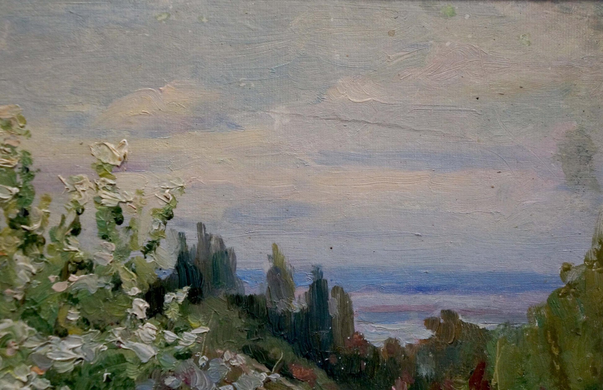 Oil painting In the village: impressionistic landscape with pastel clouds, lush green foliage, distant trees
