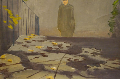 Oil painting Night park by Chernikov Nikolay Vladimirovich, solitary figure on wet pavement with yellow leaves