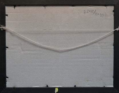 Back of Oil painting In the village with black frame, white backing, thin off-white string