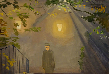 Oil painting Night park by Chernikov Nikolay Vladimirovich, solitary figure under streetlights