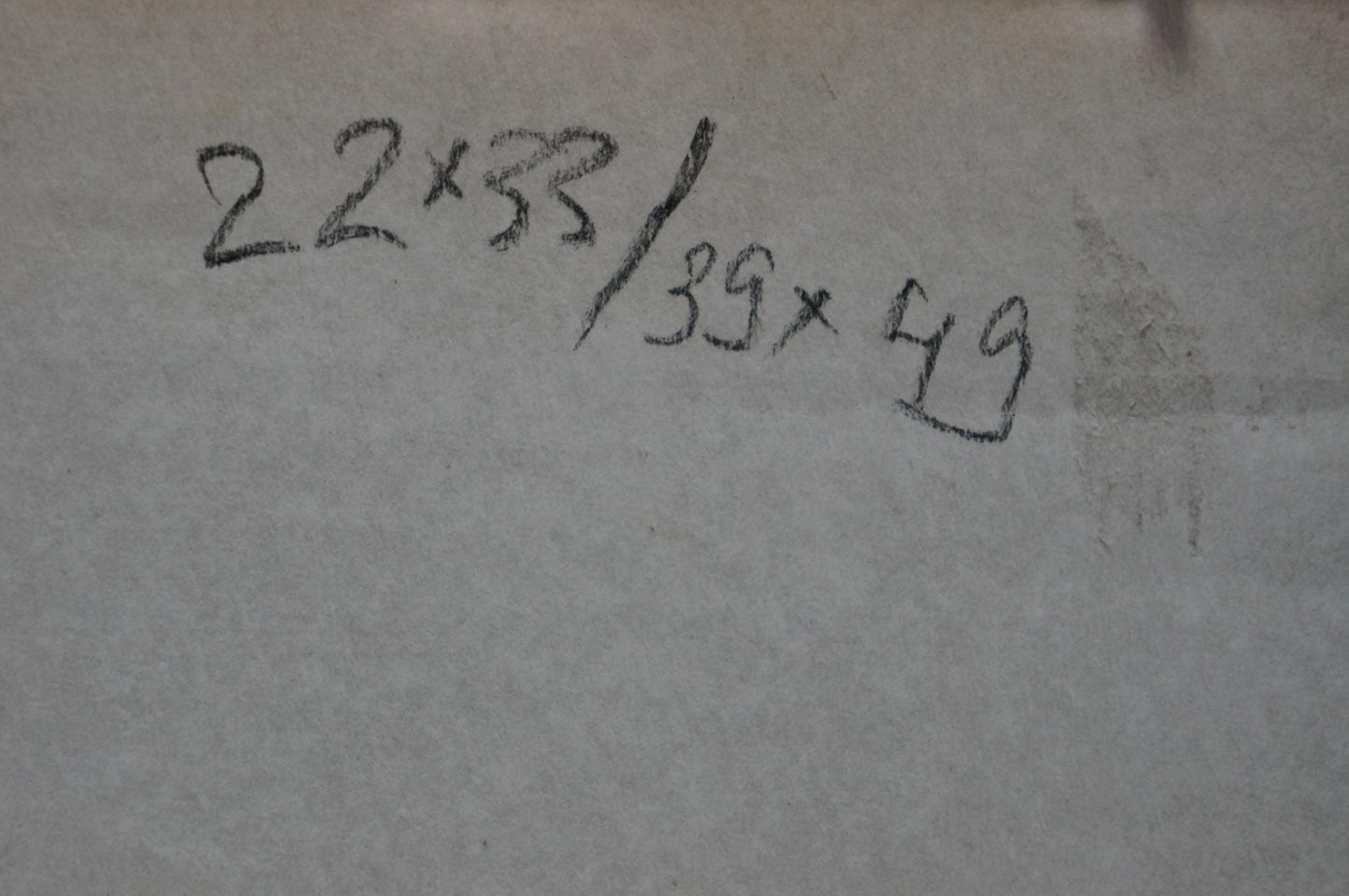 Back of Oil painting In the village with handwritten black ink measurements on light paper