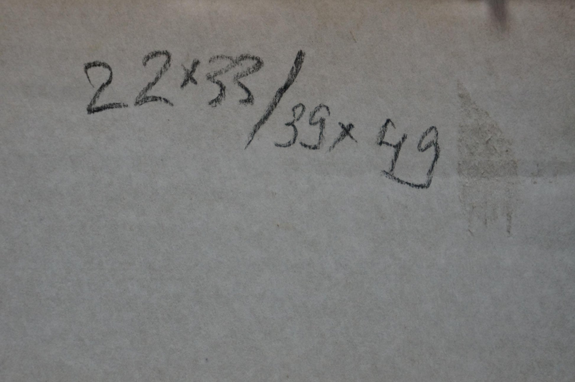 Back of Oil painting In the village with handwritten black ink measurements on light paper