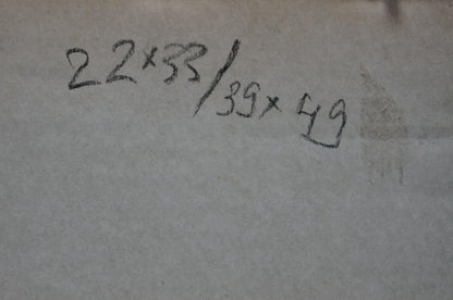 Back of Oil painting In the village with handwritten black ink measurements on light paper