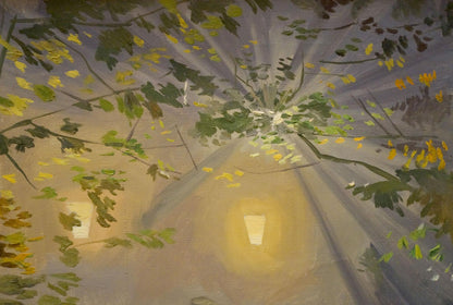 Oil painting Night park by Chernikov Nikolay Vladimirovich, glowing streetlamp through leaves