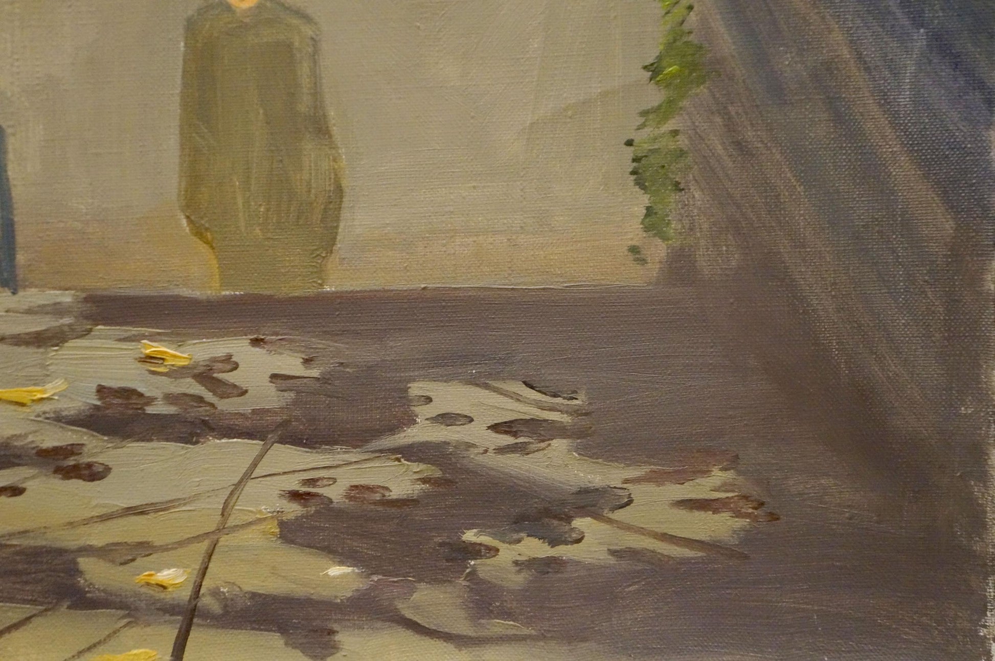 Oil painting Night park by Chernikov Nikolay Vladimirovich, muted olive-green figure in hazy park