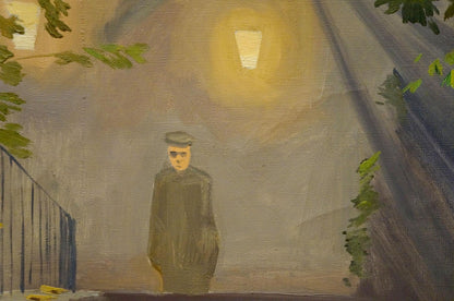 Oil painting by Chernikov Nikolay Vladimirovich: solitary figure under night park streetlamp