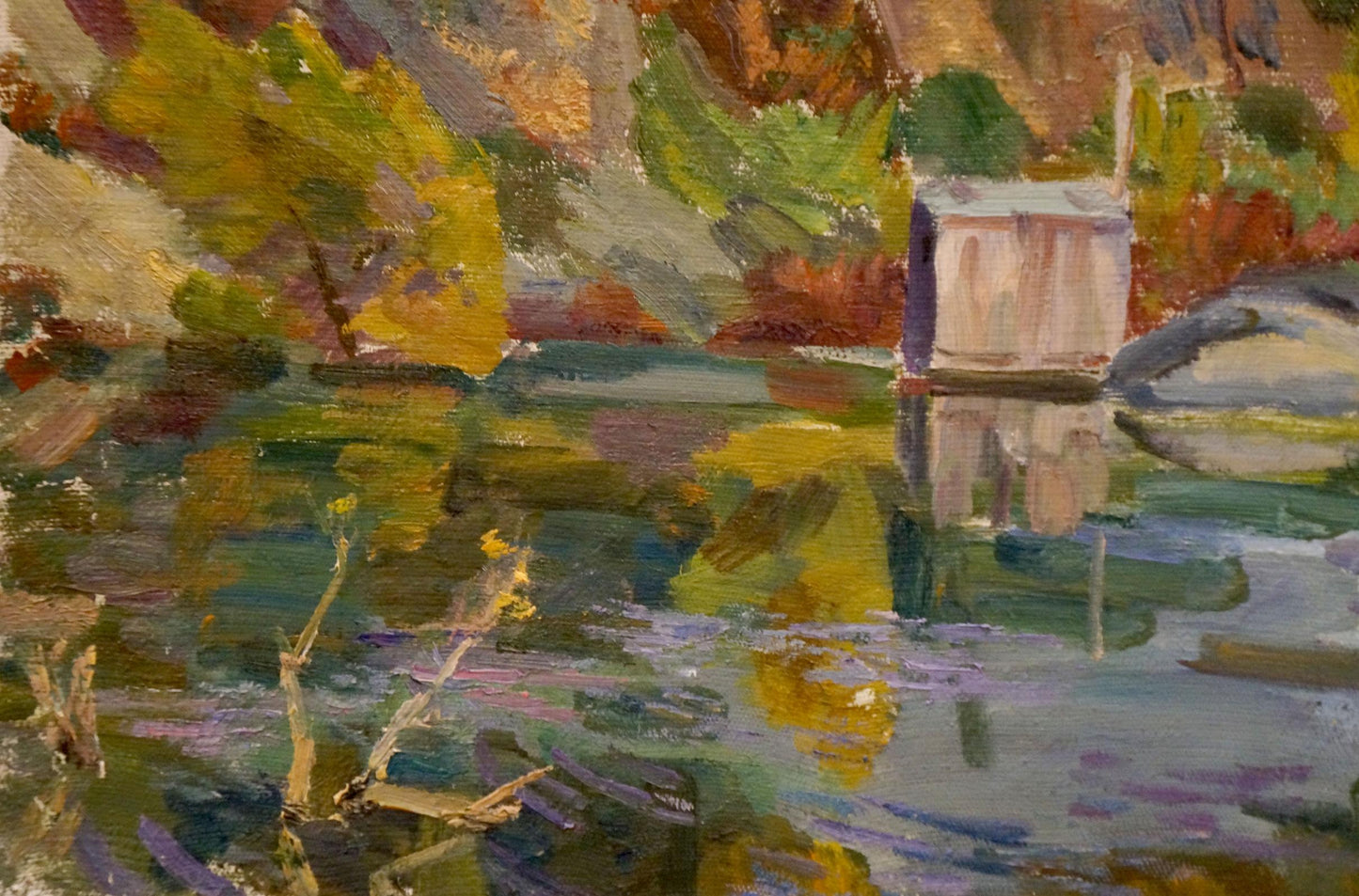 Oil painting by Chernikov Nikolay Vladimirovich: cabin on lake in autumn