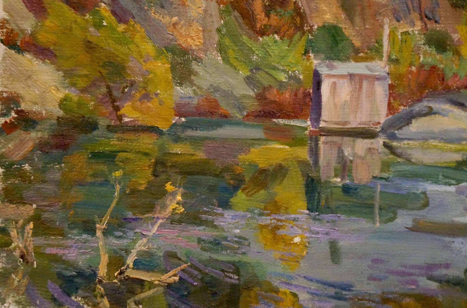 Oil painting by Chernikov Nikolay Vladimirovich: cabin on lake in autumn