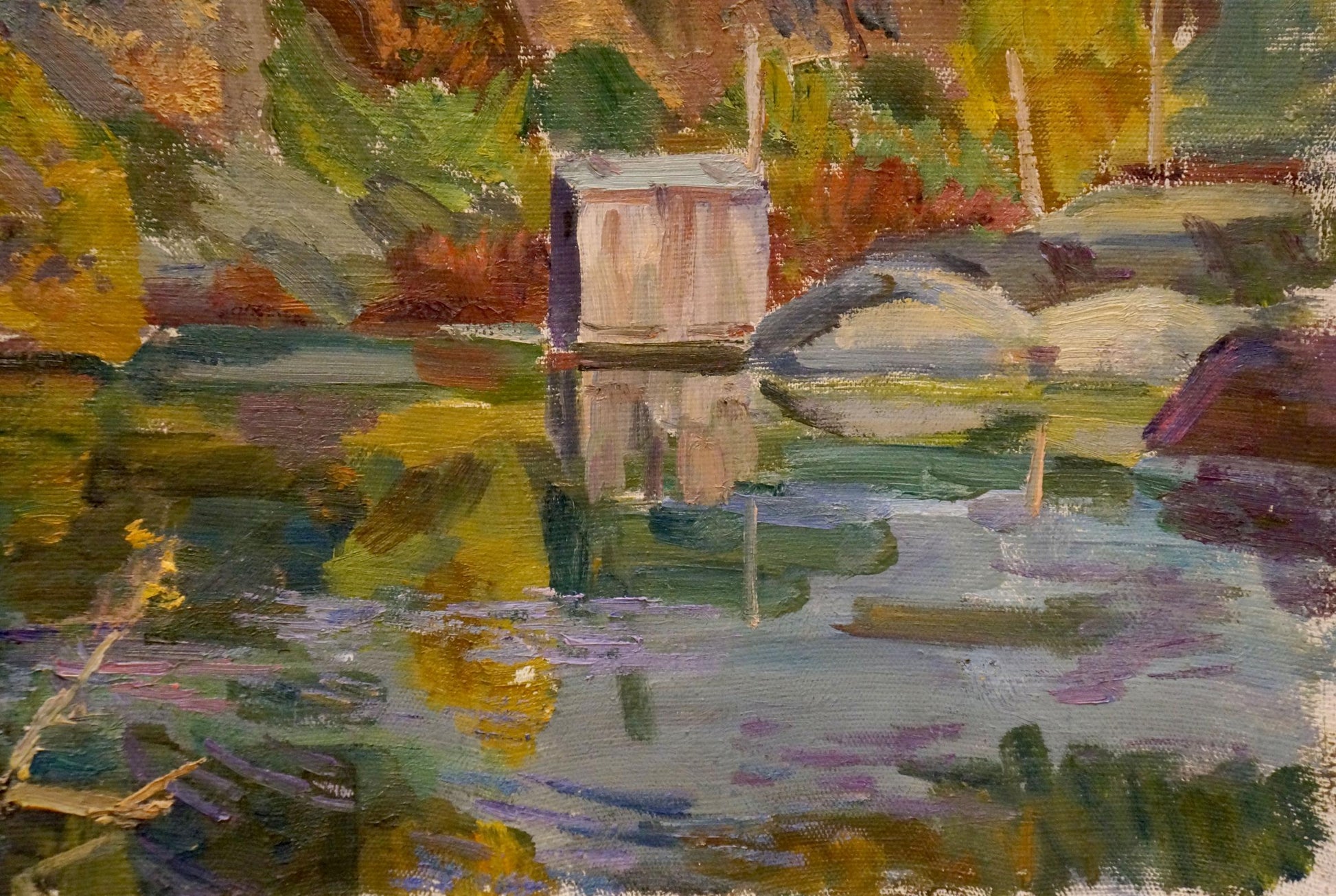 Oil painting by Chernikov Nikolay Vladimirovich: cabin amid autumn foliage on lake