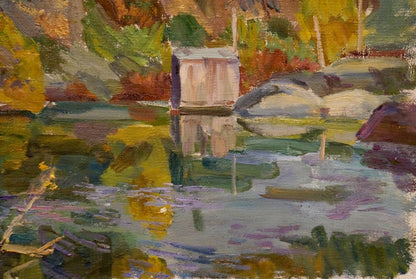 Oil painting by Chernikov Nikolay Vladimirovich: cabin amid autumn foliage on lake