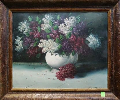 Oil painting of still life with lilacs: white vase of purple and white lilacs on dark background