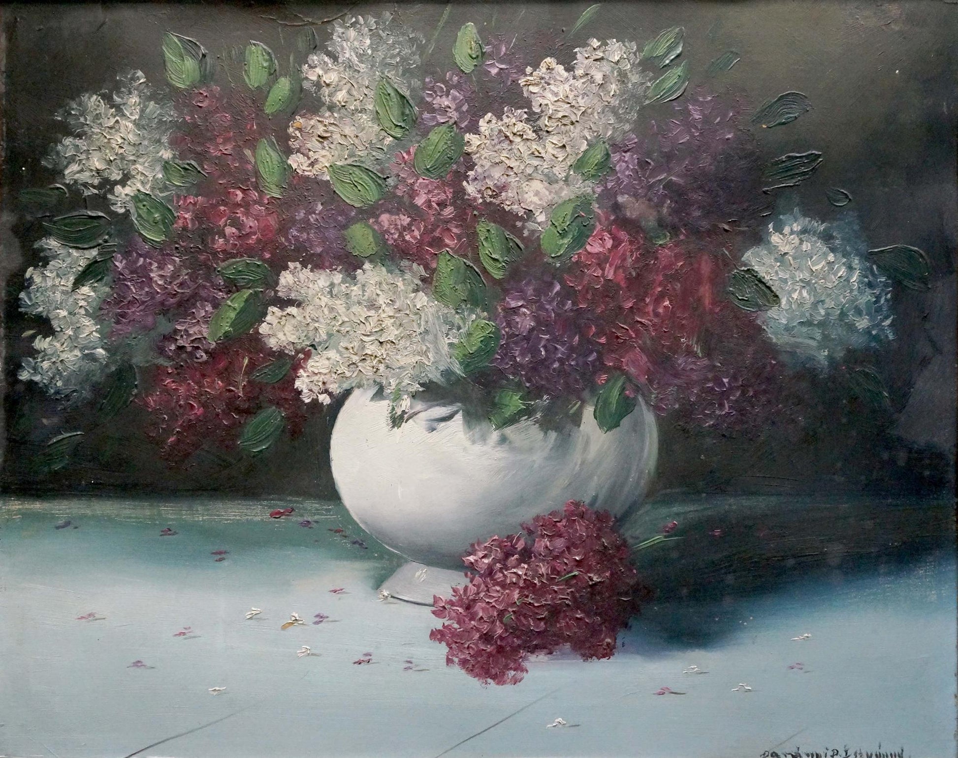 Oil painting still life with lilacs: white vase of purple, pink, white lilacs