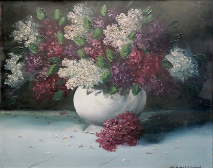 Oil painting still life with lilacs: white vase of purple, pink, white lilacs