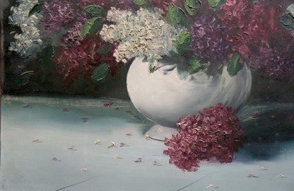 Oil painting still life with lilacs: white vase of purple, pink, cream hydrangeas