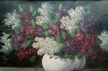 Oil painting still life with lilacs: white vase of purple, pink, white lilacs