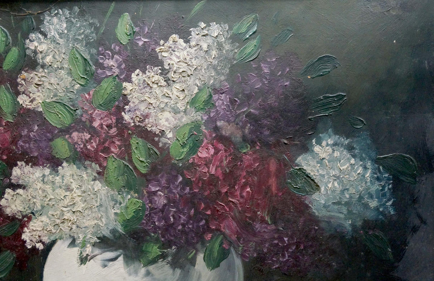Oil painting of vibrant hydrangeas and lilacs in white, purple, pink