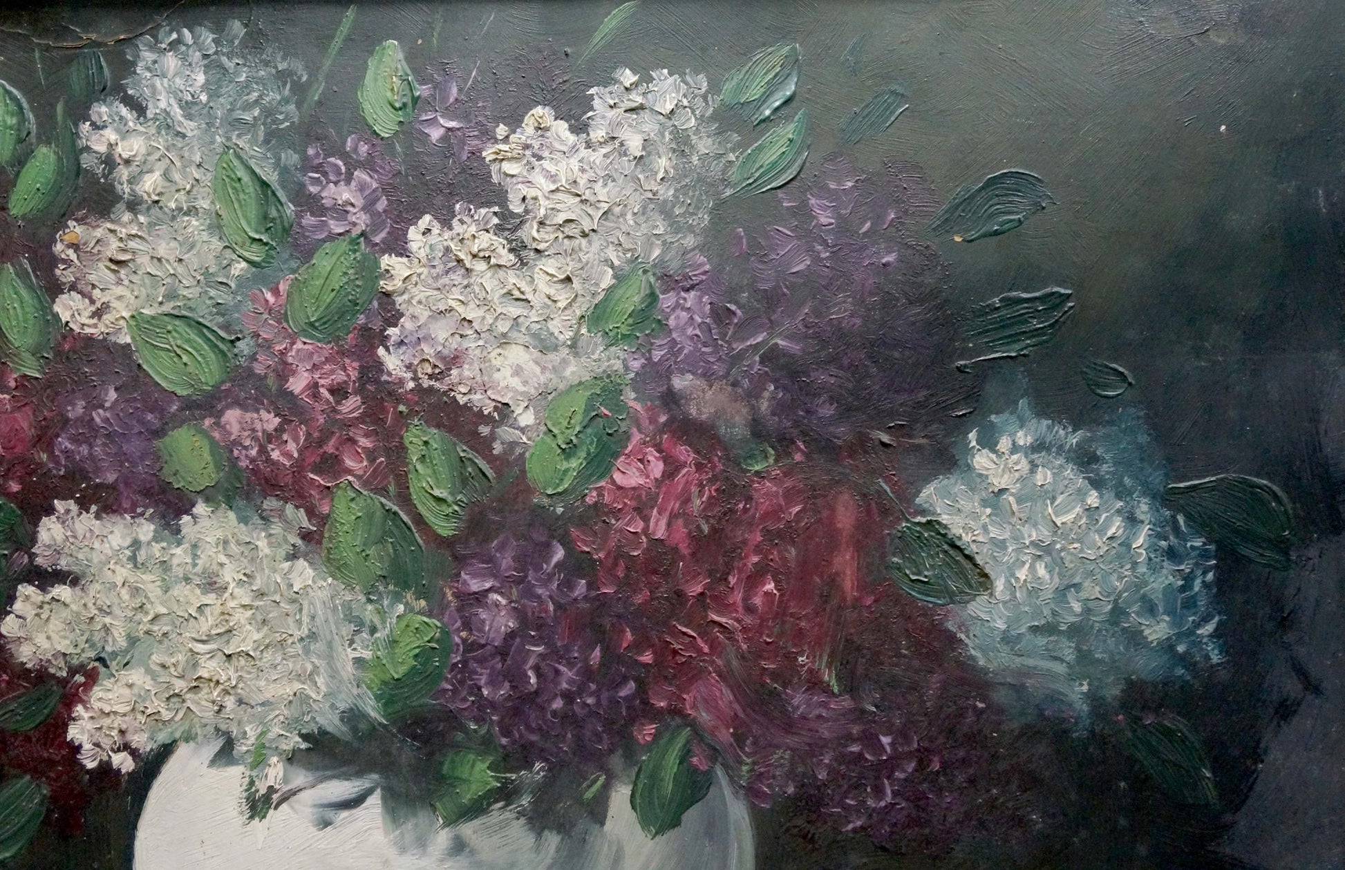 Oil painting of vibrant hydrangeas and lilacs in white, purple, pink