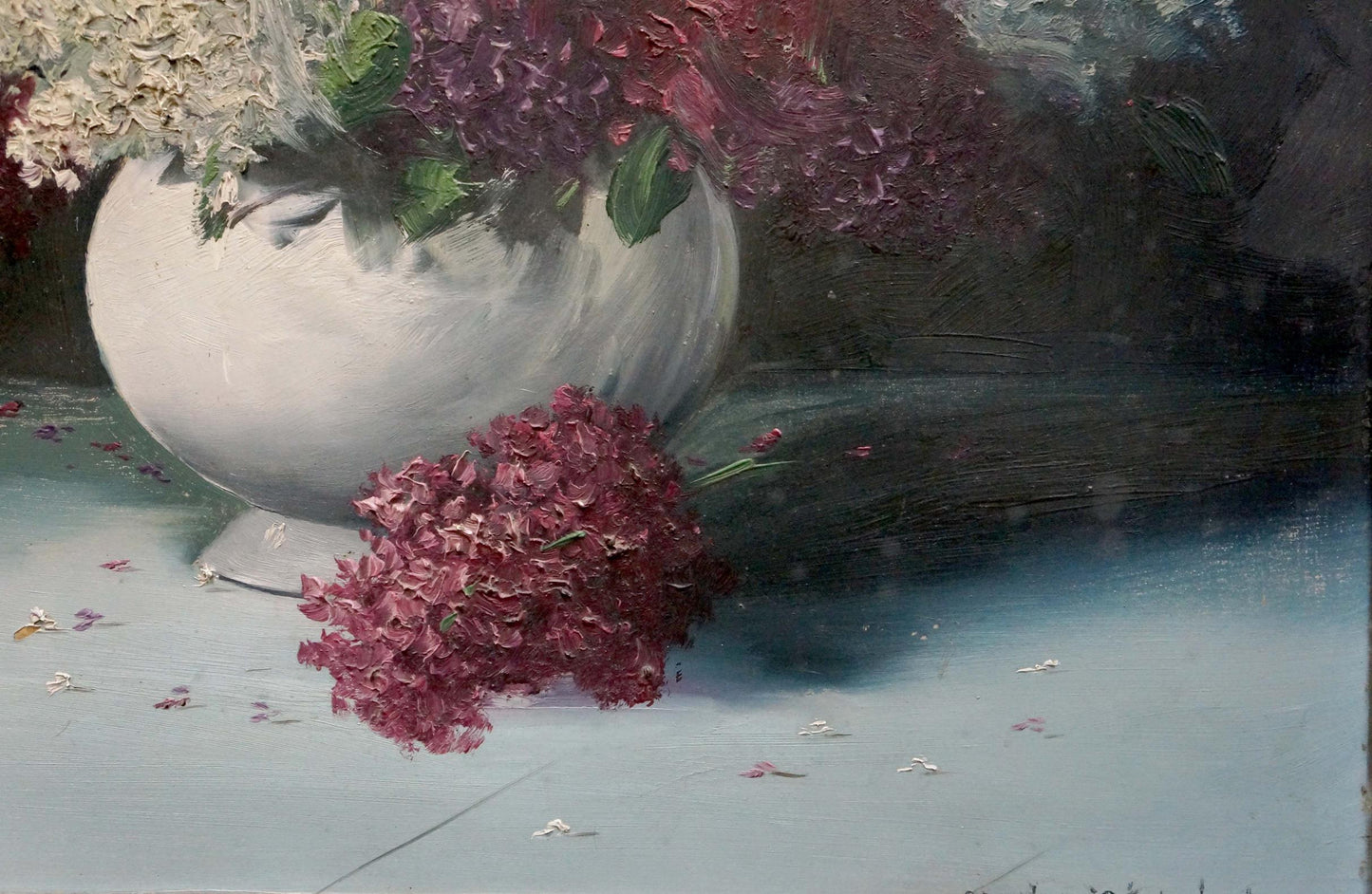 Oil painting of still life with lilacs: white vase of purple cream hydrangeas