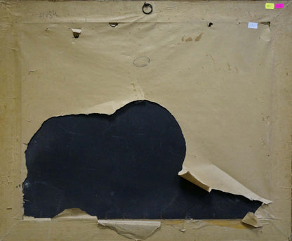 Back of Oil painting Still life with lilacs: torn beige cardboard revealing navy blue paint