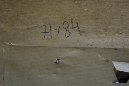 Back of oil painting Still life with lilacs showing handwritten 71/84 on beige wood