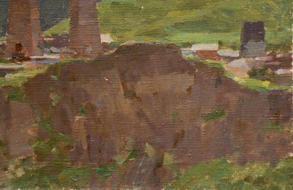 Oil painting of earthy-brown cliffside with green vegetation by Chernikov Nikolay Vladimirovich