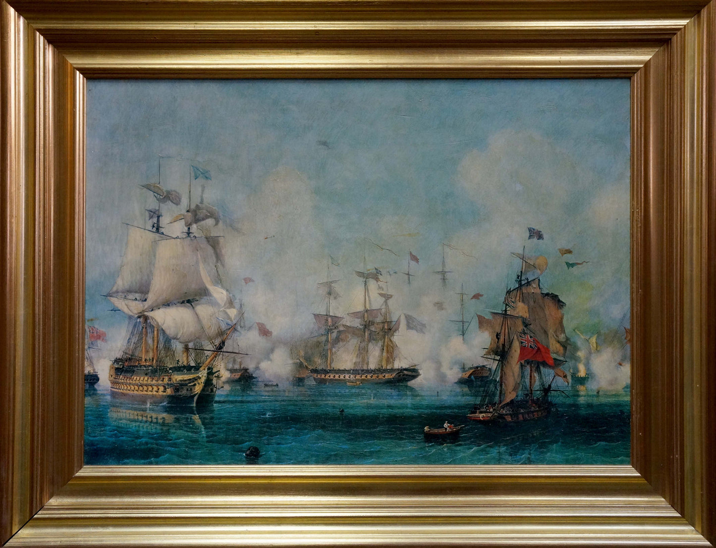 Framed Oil painting Naval battles: dramatic sailing ships in battle