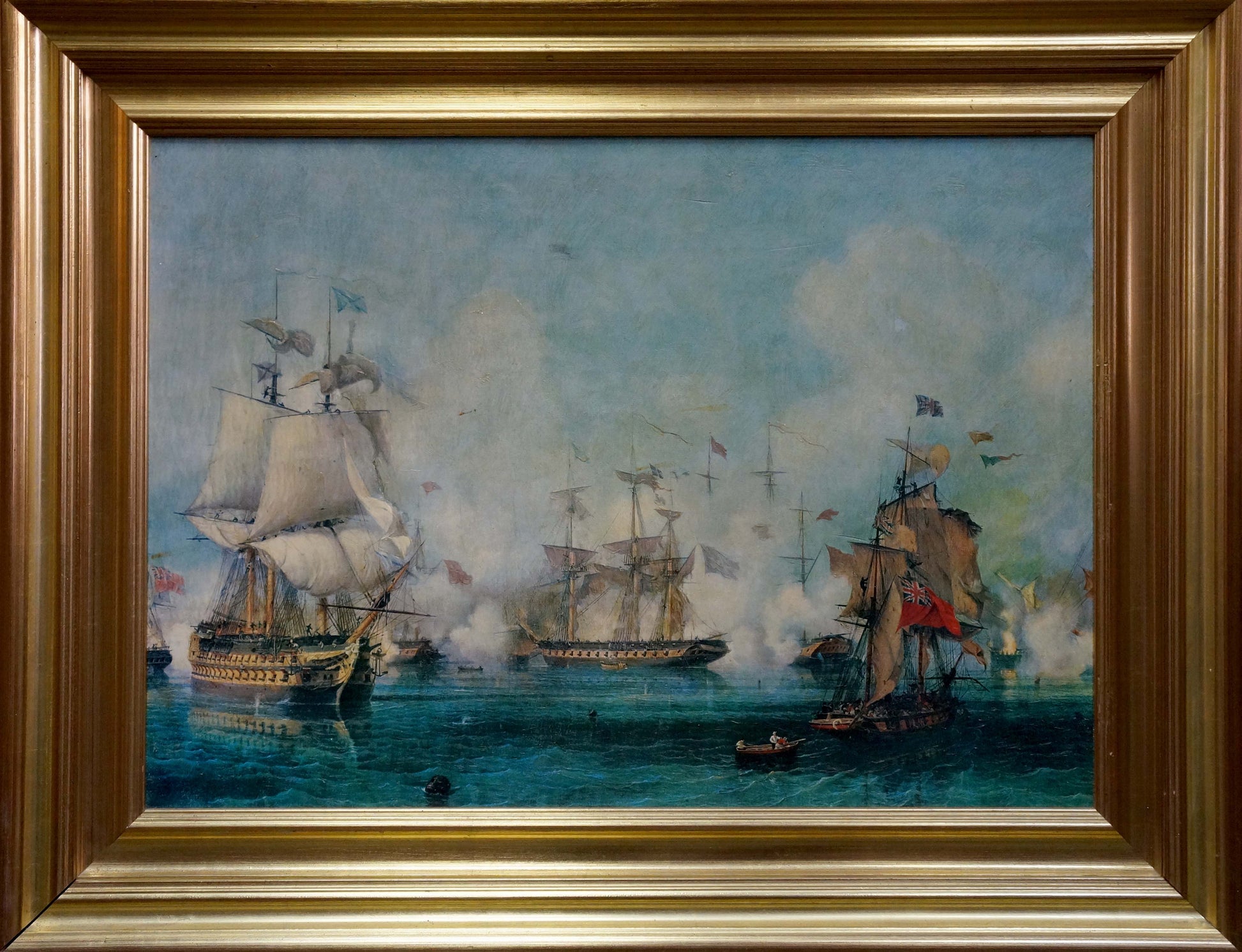 Framed Oil painting Naval battles: dramatic sailing ships in battle