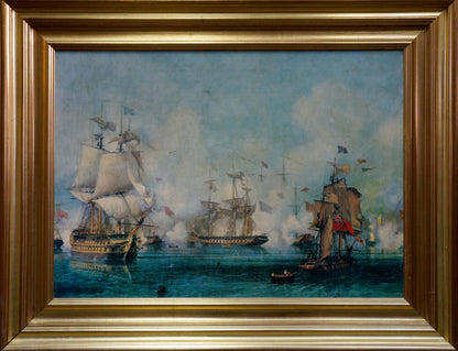 Framed Oil painting Naval battles: dramatic sailing ships in battle