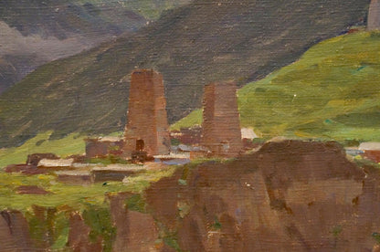Oil painting by Chernikov Nikolay Vladimirovich: two weathered reddish-brown stone towers on green hillside