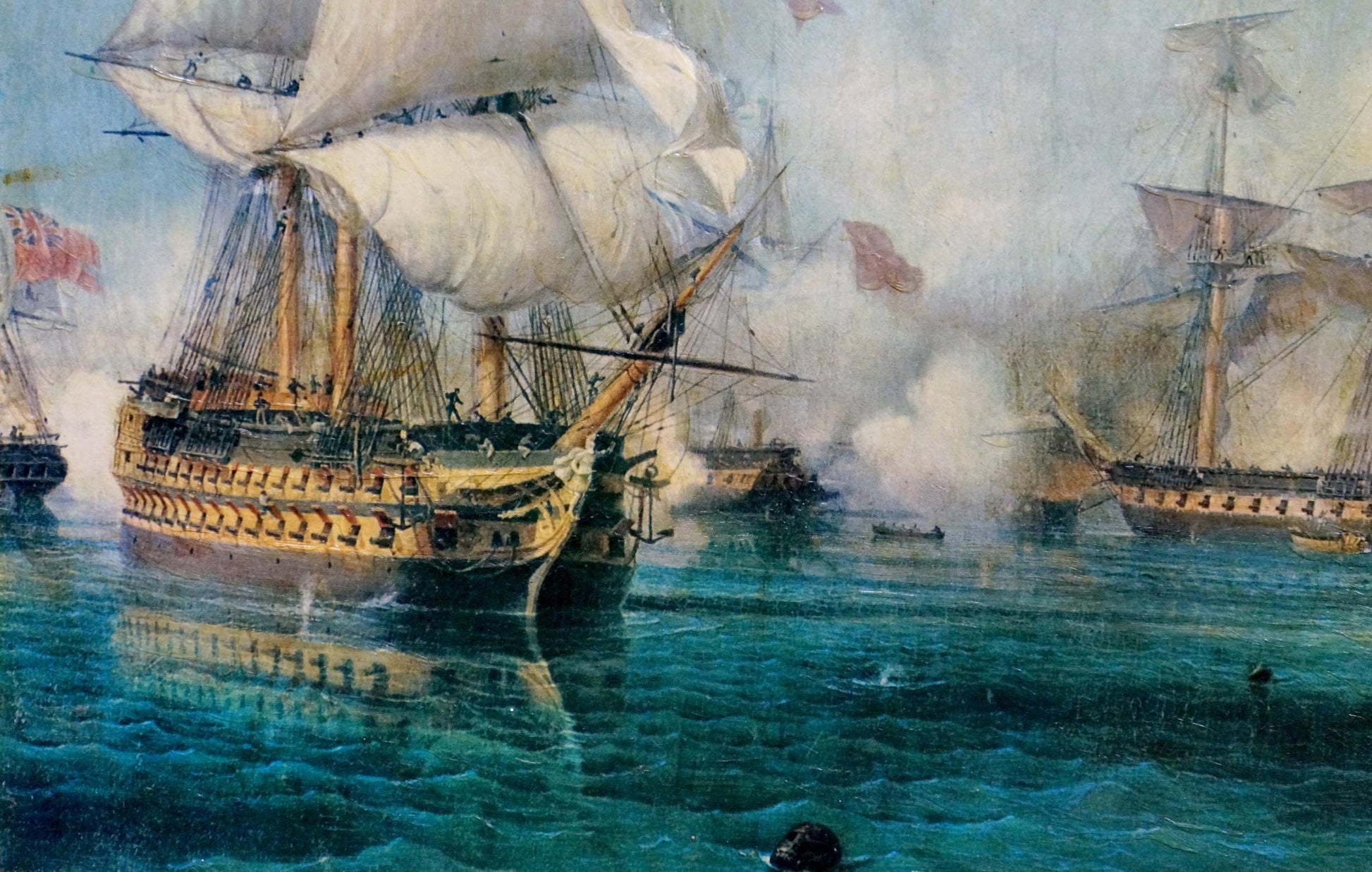 Oil painting of grand wooden-hulled warship in naval battles