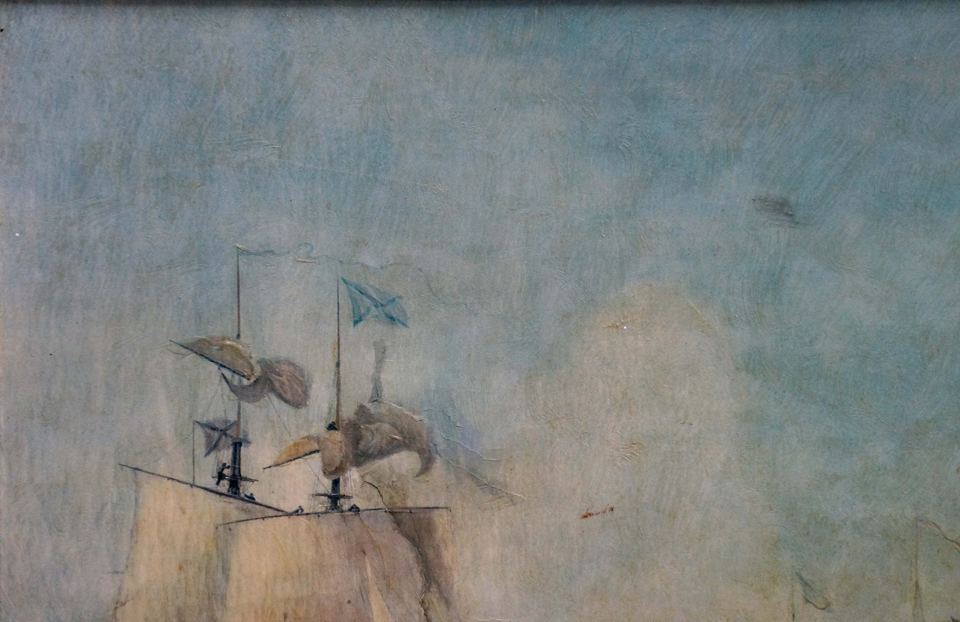 Weathered oil painting of ships mast with blue and brown flags in naval battles